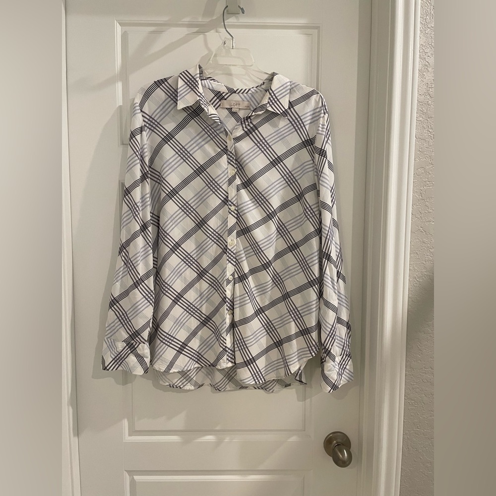LOFT White Button-Up Plaid Blouse with Navy Lines